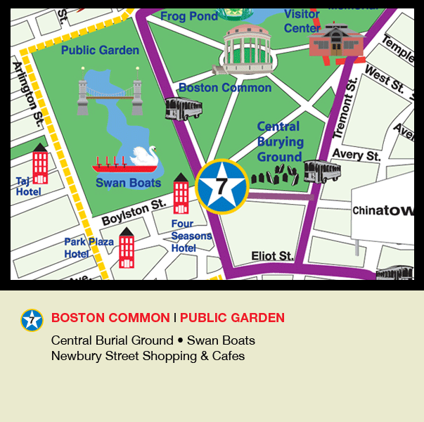 boston common, public garden, central burial ground, swan boats, newbury street